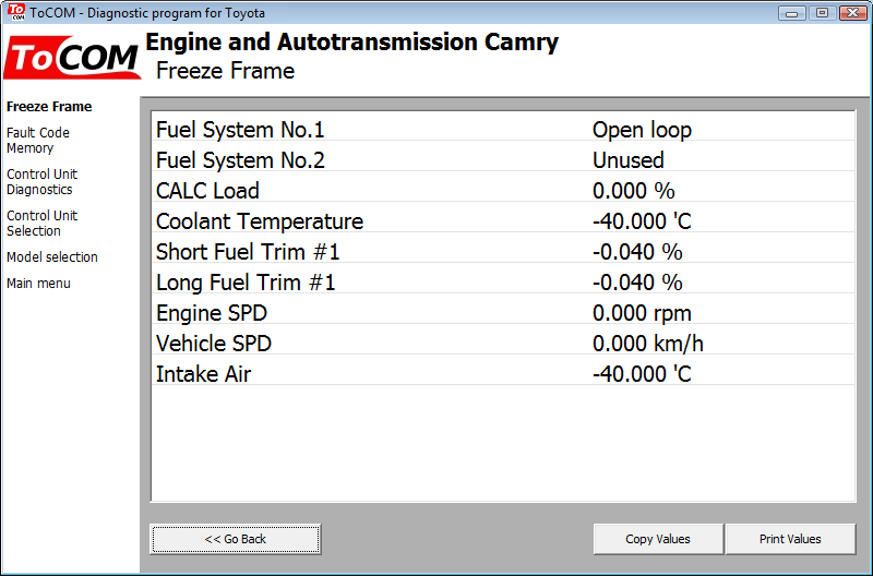 tocom07: OBD-II diagnostic program screenshot